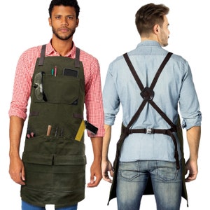 Woodwork Apron - 12 pockets & loops, Waxed Canvas, Cross-Back, Leather Reinforcement - Carpenter, Workshop, Tool