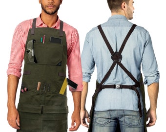 Woodwork Apron - 12 pockets & loops, Waxed Canvas, Cross-Back, Leather Reinforcement - Carpenter, Workshop, Tool