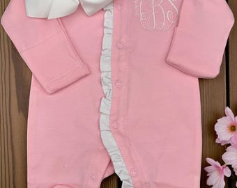 Monogrammed Baby Girl Footie: Pink Ruffle Romper, Newborn Outfit
