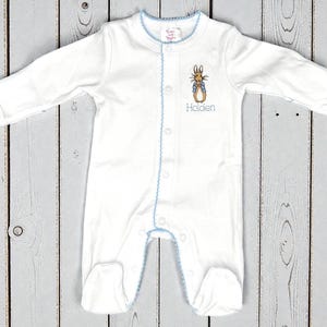 Monogram Baby Boy Footie, Embroidered Bunny, Blue Picot Trim, Coming Home Outfit