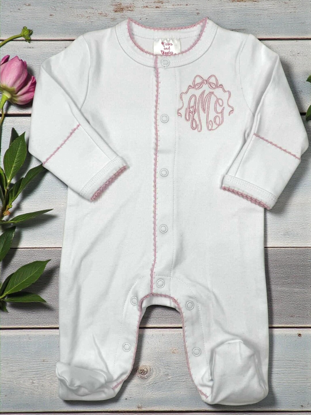 Personalized Baby Girl Footed Romper, Pink Picot Trim, Coming Home ...