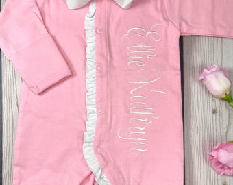 Monogrammed Baby Girl Footie, Pink Ruffle Newborn Outfit