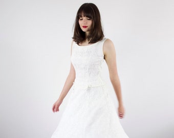 Vintage 1950s White Lace Dress / Drop Waist / Full Skirt / XS/S