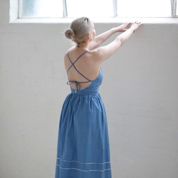 Vintage 1970s Blue Heart LANZ Sun Dress / Open Back / S