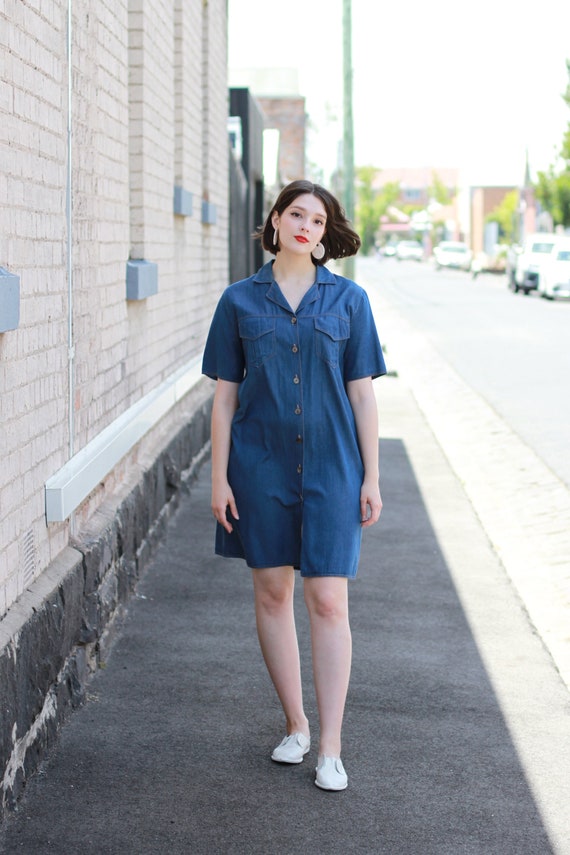Vintage Denim Shirt Dress / 1990s Denim Dress / S-
