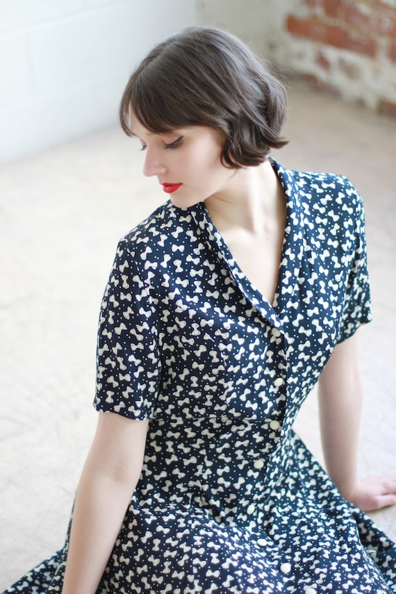 Vintage French Navy Bow Dress / M