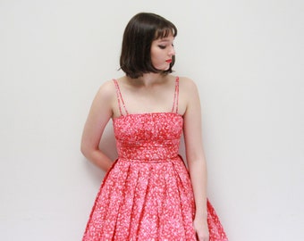 Vintage 1950s Raspberry Pink Sundress / Cotton 50s Dress / Shelf Bust / Full Skirt / 1950s Floral Dress / XXS/XS