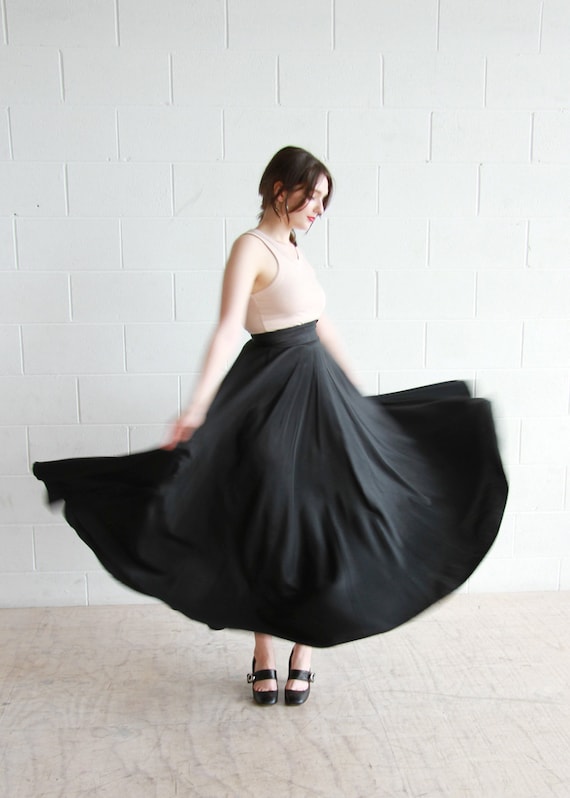 Vintage 1950s Black Satin Ballerina Maxi Skirt / C
