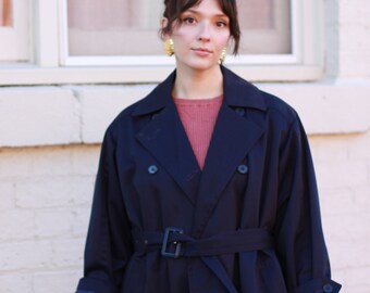 Vintage 1980s YVES SAINT LAURENT Qantas Navy Trench Coat | m