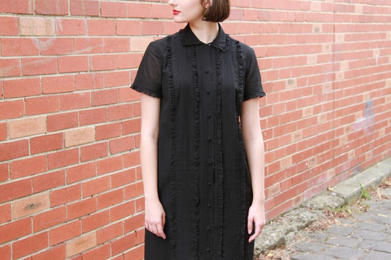 Vintage 1960s Black Ruffled Bib Black Dress / But… - image 3