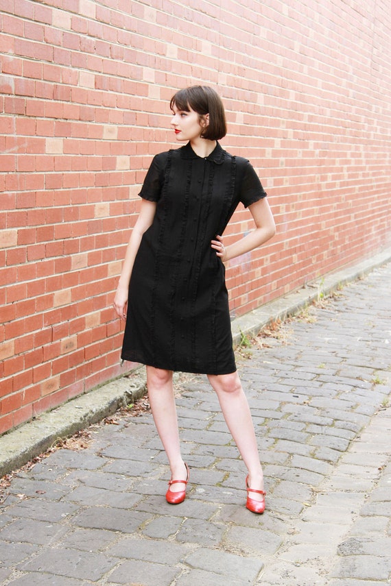 Vintage 1960s Black Ruffled Bib Black Dress / Butt
