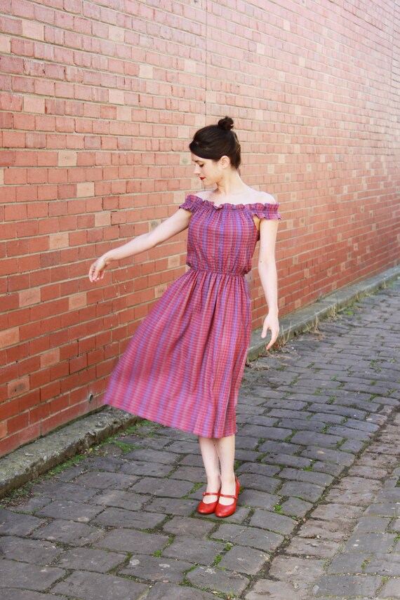 Vintage 1970s Madras Plaid Dress / Peasant Dress /