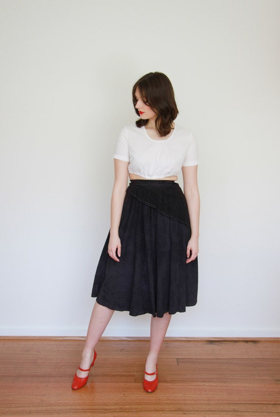 Vintage 1980s Navy SUEDE Leather Ballerina Skirt … - image 1