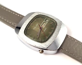 montre-bracelet Chunky Men vintage "FLIGHT"-(Poljot) avec calendrier et date. Magnifique cadran. Nouveau bracelet en cuir !