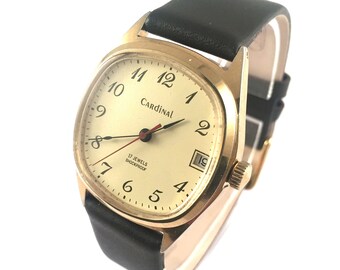 RARE Vintage men watch called "CARDINAL".Soviet mechanical watch with lovely dial and date. Comes with new leather band