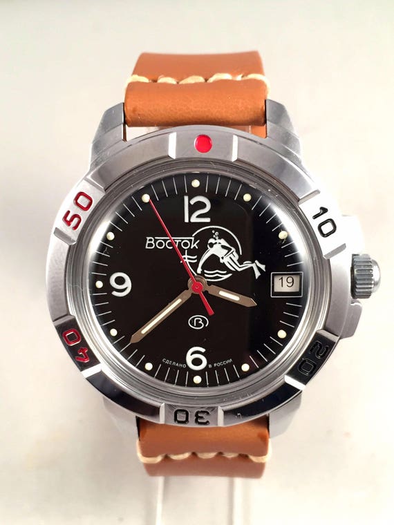 Vintage Military men watch Vostok "Komandirskie DIVER " .Russian men watch comes with new leather band. Military watch. Men wristwatch.