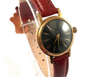 Petite Vintage women watch "GLORY"(rus.SLAVA). Lovely black dial with gold numerals. New premium leather strap included!