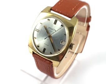 Raro Vintage hombres reloj EXACTA-VOSTOK, reloj de pulsera mecánico URSS, viene con nueva correa de cuero, gran regalo para él.