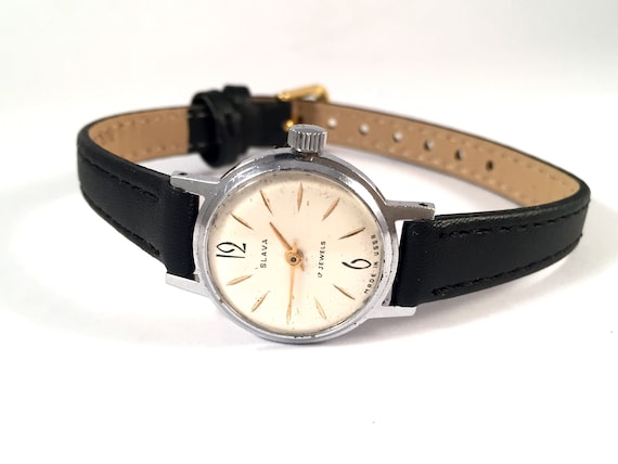 Vintage women watch "GLORY"(rus.SLAVA). Lovely dial and rare case. Lady Vintage watch. New premium leather strap included!