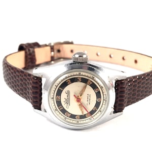 RARE Vintage Swiss lady watch called ATLANTIC. Made in Swiss, petite women watch, classic dial and round case, leather strap.