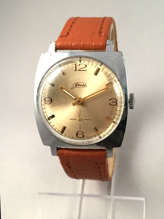 Vintage men watch ZIM - Pobeda. Mechanical Soviet watch, comes with new leather band. Men watch vintage. Gift for him. Pobeda watch.