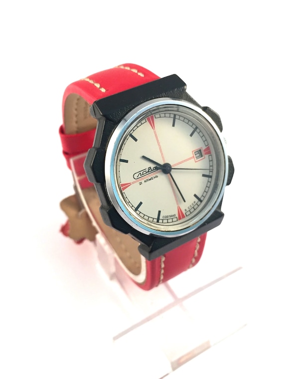 RARE case Vintage men watch called "SLAVA" / eng"GLORY". Lovely rare dial, mechanical Soviet watch, new red leather strap. Gift for him.
