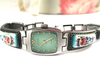 Very rare Vintage women watch called LUCH with enamel inlays, made in USSR, GORGEOUS bracelet, gift idea for Xmas. Bangle watch. Lady watch.