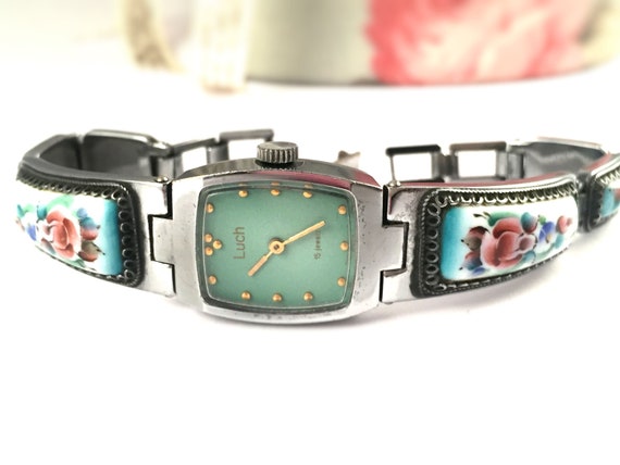 Very rare Vintage women watch called LUCH with enamel inlays, made in USSR, GORGEOUS bracelet, gift idea for Xmas. Bangle watch. Lady watch.