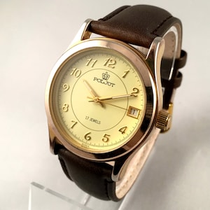 Vintage men watch POLJOT, 17j with date. Gold Plated mechanical watch. Comes with New Leather band! Russian watch. Poljot watch. Men watch.