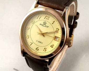 Vintages hommes montre POLJOT, 17j avec date. Montre mécanique en plaqué or. Livré avec bande de cuir neuf ! Montres russes. Poljot montre. Montre homme.