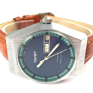 Vintage Chunky Herren Uhr Flug (Poljot) mit Kalender. USSR Männer, blau Zifferblatt. Neues Lederband!