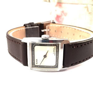 Vintage lady watch &quot;GLORY&quot;(rus.SLAVA). Lovely minimalist dial. Square women watch. USSR women watch.New leather strap included!