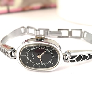 Vintage Ladies Bangle watch &quot;Luch ( Ray)&quot;, Mixture of Black & Silver tone watch, GORGEOUS wristwatch, great gift idea!