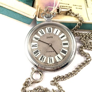 NOS Vintage pocket watch called &quot;ZARIA&quot;. This lovely USSR pocket watch with its original box and passport, would be great  gift idea!