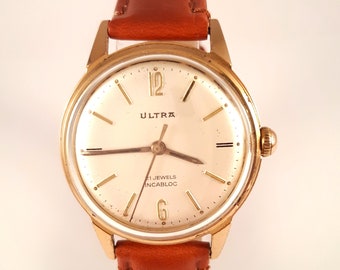 Vintage SWISS men watch ULTRA from 60s . Rare Swiss timepiece. Comes with new leather band. Men wristwatch. Swiss watch. Gift for him