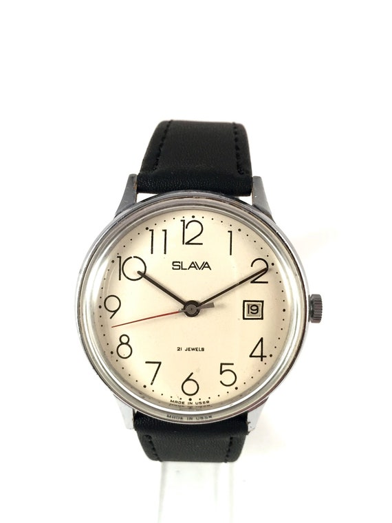 Vintage Men watch called GLORY (SLAVA). Rare round dial watch, Russian mechanical watch. Gift for him. Classic watch. Leather strap.
