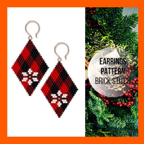 Christmas plaid brick stitch earring pattern, Seed bead earring pattern, Diagram bead weaving, Beadweaving, Beadwork art, pdf digital
