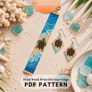 May include: A seed bead bracelet and matching diamond-shaped earrings featuring a sea turtle design with blue ocean waves and tan sand colors. The text on the image reads: seed bead bracelet+earrings PDF PATTERN. Gold-toned metal hardware.