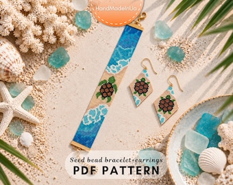 May include: A seed bead bracelet and matching diamond-shaped earrings featuring a sea turtle design with blue ocean waves and tan sand colors. The text on the image reads: seed bead bracelet+earrings PDF PATTERN. Gold-toned metal hardware.