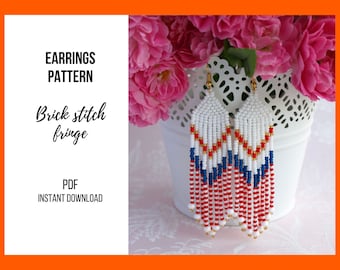 Beaded earring pattern, Brick stitch fringe, Independence Day, Seed bead pattern, Jewelry making, Bead weaving easy, pdf digital 377