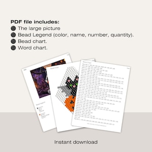 May include: A digital PDF pattern for bead weaving featuring a Halloween theme. The document includes a large picture, a bead legend with color names and quantities, a bead chart, and a word chart. The design shows a black cat and orange pumpkin.