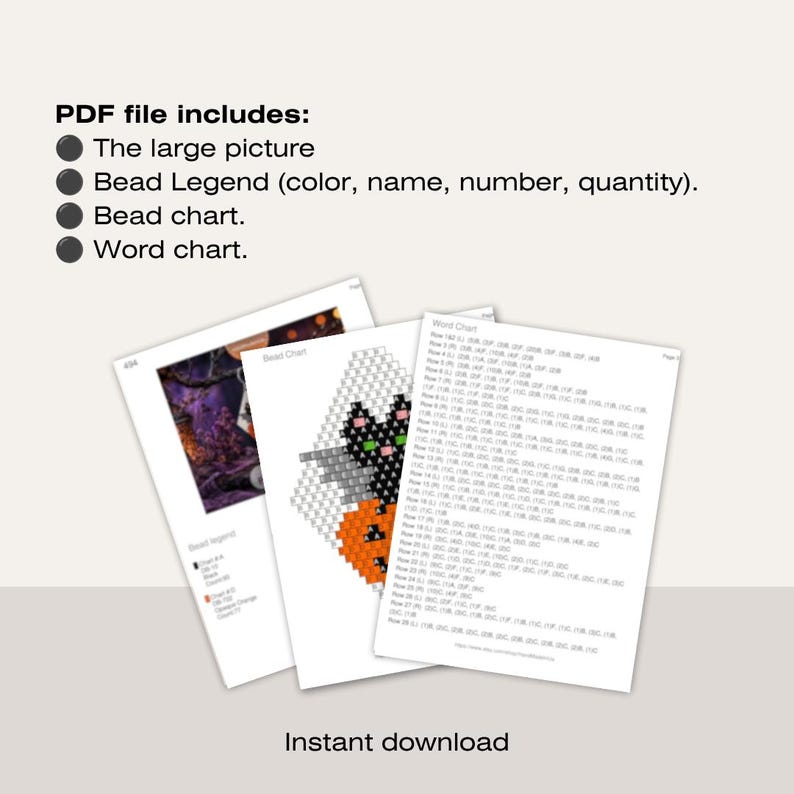 May include: A digital PDF pattern for bead weaving featuring a Halloween theme. The document includes a large picture, a bead legend with color names and quantities, a bead chart, and a word chart. The design shows a black cat and orange pumpkin.