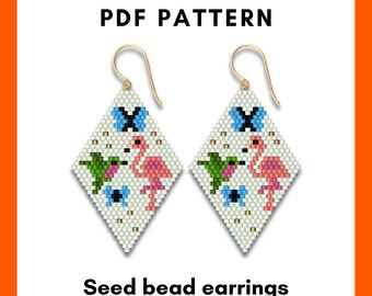 Boho Brick Stitch Earrings Pattern, Hummingbird Butterfly Flamingo Beading Chart Miyuki Delica 11 PDF, Tropical Jewelry Design Gift 069