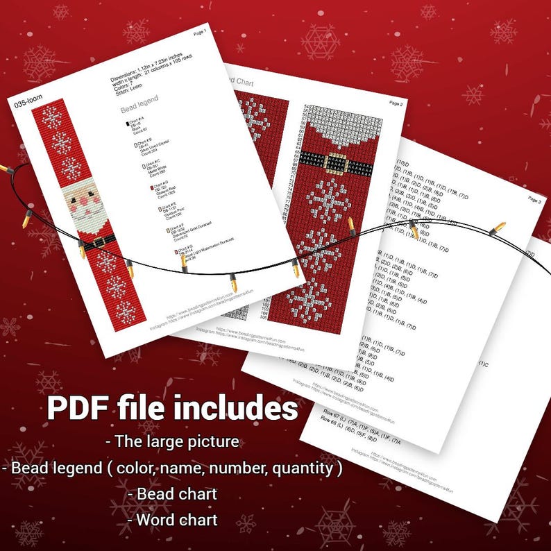 May include: A collection of printed PDF pages with a Christmas-themed beadwork pattern. The design includes a Santa Claus and snowflake motifs. The text "PDF file includes" is visible, along with details about the pattern's dimensions and bead legend.