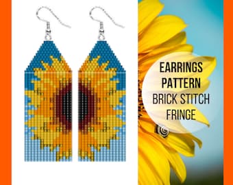 Sunflower Brick stitch earring pattern, Miyuki Delica, Seed bead pattern, Fringe earring pattern, Yellow flower earring, PDF digital