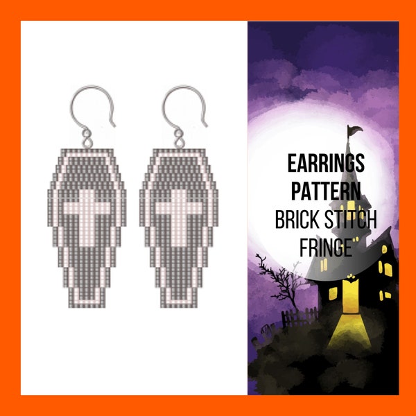 Coffin brick stitch pattern, Beaded earrings with fringe, Halloween bead pattern, Spooky DIY, Seed bead pattern, Bead weaving, PDF digital