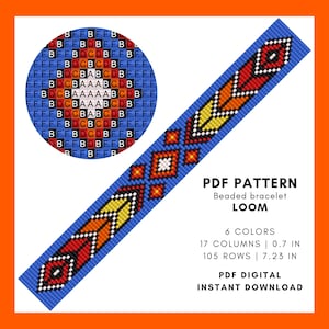 Puede incluir: Un patrón de telar de pulsera de cuentas azul con diseños de plumas y geométricos. El patrón incluye 6 colores, 17 columnas y mide 1,8 cm de ancho y 18,3 cm de largo. El texto en la imagen dice "PDF PATTERN Beaded bracelet LOOM".