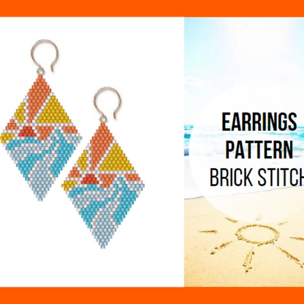 Ocean wave sun brick stitch earring pattern, Tropical beach, Seed bead rhomb,  Landscape nature, Miyuki Delica, Sea sunset, digital