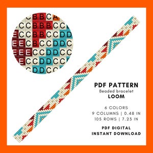 Puede incluir: Un patrón PDF digital para un telar de pulsera de cuentas. El diseño presenta un patrón geométrico en rojo, turquesa y naranja sobre un fondo crema. El texto indica 6 colores, 9 columnas (1,22 cm) y 105 filas (18,36 cm).