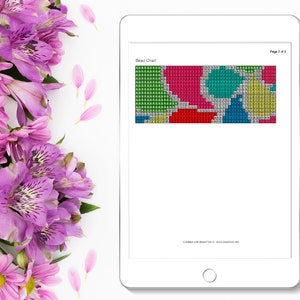 May include: A digital bead chart with a colorful abstract design. The chart is on a tablet screen and shows a pattern of red, green, blue, yellow, and pink beads. The text "Bead Chart" is at the top of the chart. The text "Page 1 of 2" is at the top right corner of the chart. The text "Created with BeadTool 4 - www.beadtool.net" is at the bottom of the chart.
